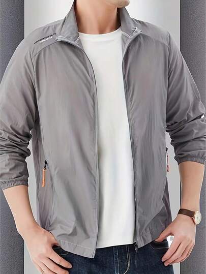 Men's Lightweight Breathable Quick-Dry Jacket - Stand Collar Casual Zipper Outdoor Sports Jacket, Suitable For Hiking, Running, Cycling And Fishing, Solid Color, Great For Spring And Summer Wear
