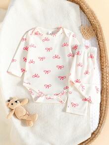 3 Stücke/Set Neugeborene Baby Mädchen süße Schleife Dekor Langarm Romper und Taschen Lässig Hose Outfit, geeignet für Frühling/Sommer Outdoor - Verschiedenfarbig - Übersicht 9