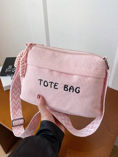 多功能灯芯绒单肩斜挎包，简约日式休闲帆布手机包，双拉链宽肩带轻便小布包