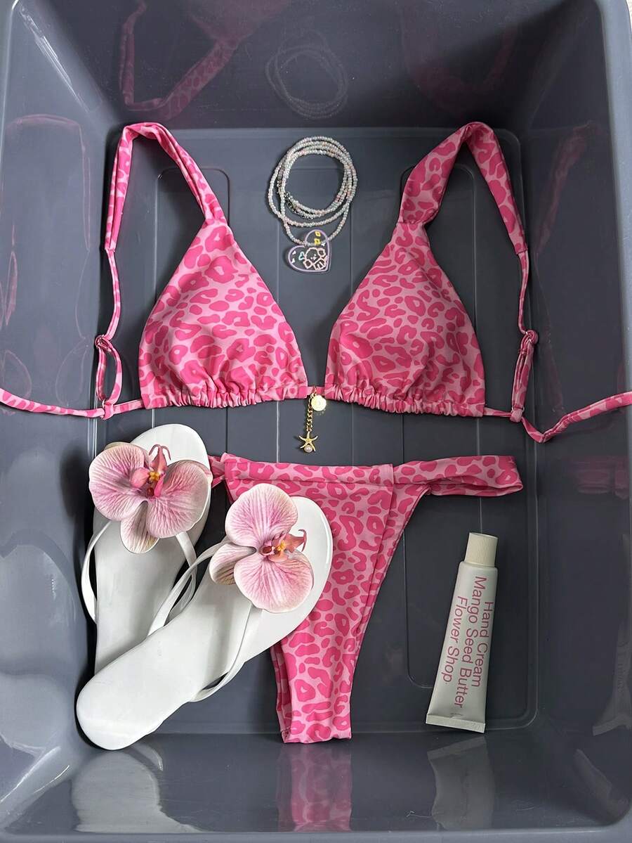 豹纹露背文胸扭结比基尼套装，适合度假 - 玫紅色 - 查看 1