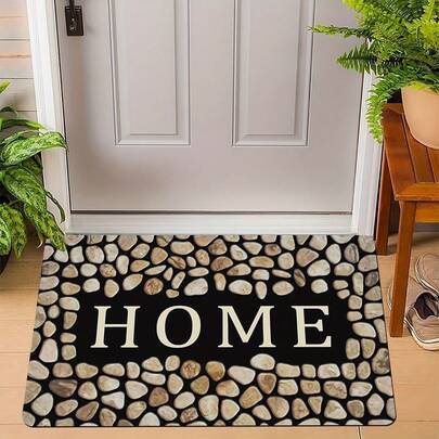 1pc Pebble Pattern Doormat, Home Letter Print Doormat, Letter Decor Carpet, Anti-Slip Doormat, Waterproof Floor Mat, Machine Washable Carpet, Soft Polyester Carpet, Polyester Fiber Mat, Faux Wool Feel, Soft & Comfortable, Non-Shedding, Fade-Resistant, Durable