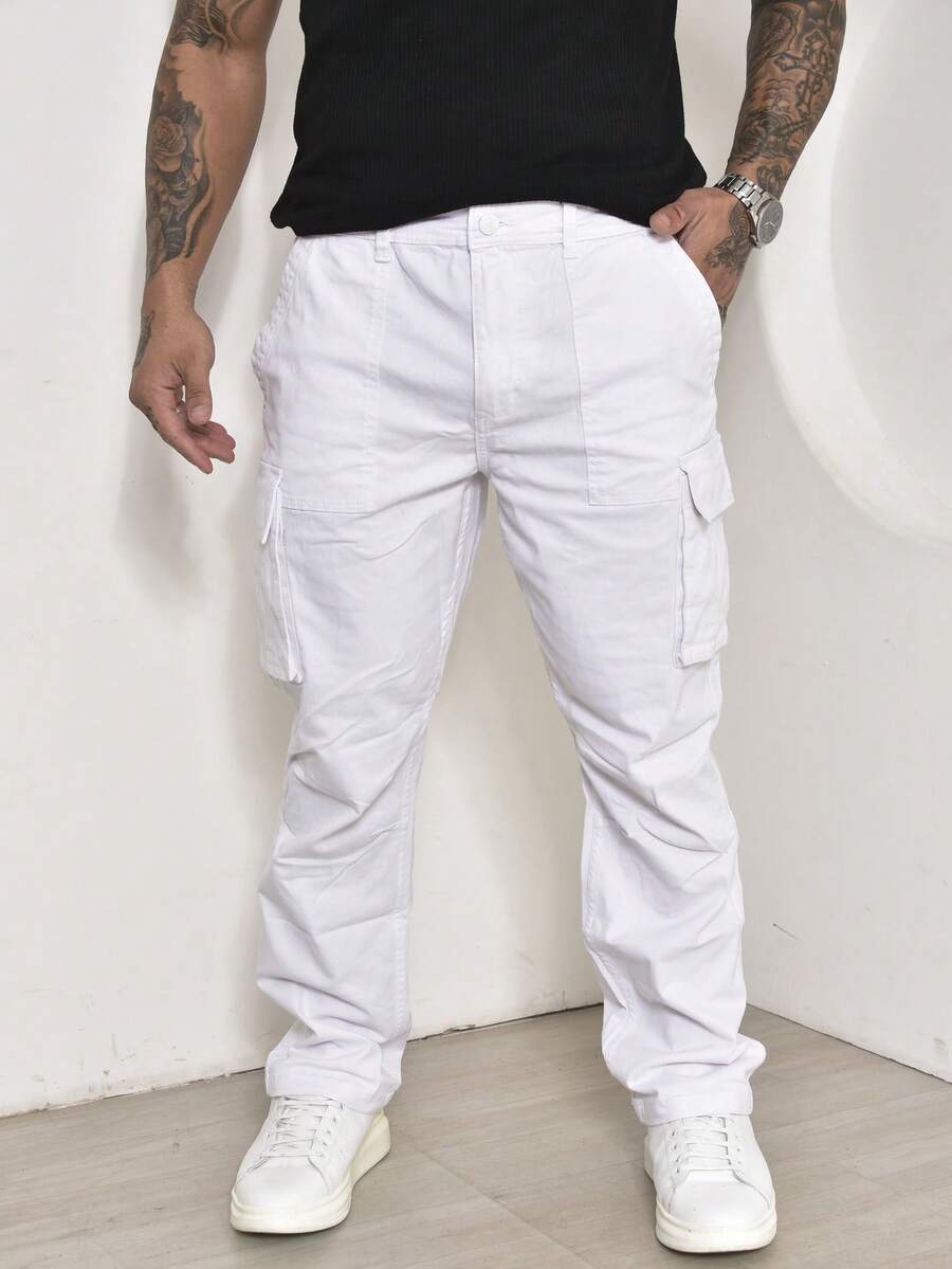 Calças Cargo Masculino Sarja Casuais com Multi-Bolsos Com Lycra