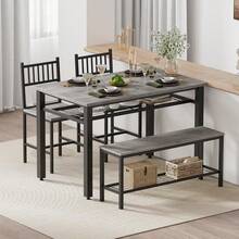 Juego de mesa y sillas de cocina estilo rústico para 4 personas, mesa de comedor moderna de 120 cm con banco y sillas, estante de almacenamiento y estructura de metal, ideal para ahorrar espacio en el comedor, la cocina o el apartamento. - Gris - Ver 2