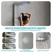 Panel de Ducha de Níquel Cepillado – Sistema 6 en 1 con Lluvia Tropical, Cascada, Ducha de Mano, 2 Jets Corporales y Salida para Bañera – Juego de Ducha Moderno para Baño Montado en Pared - Plateado - Ver 6