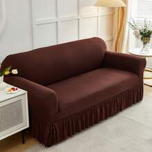 1PC Elastic Skirt Sofa Cover Universal Four Seasons Anti-Dirty And Non-Slip Solid Color Sofa Cover Suitable For 1/2/3/4 Seat Home/Living Room Decoration All-Inclusive Sofa Protective Cover Valentine's Day Gifts Valentine's Day Decorations - 咖啡色-1 - 查看 2