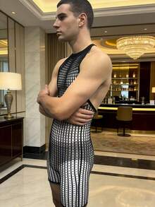 Men's Underwear Bodysuit Boxer Briefs Erotic Fun Knitted Sheer See-Through Stretchy Bodysuit - Black - View 2