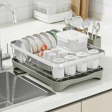 Dish Drying Rack With Drainage Tray, Stainless Steel Kitchen Organizer For Efficient Storage Of Plates, Bowls, Glasses And Utensils Sturdy Dish Racks For Kitchen Counter With Drain Board And Utensil Holders - 灰色 - 查看 1