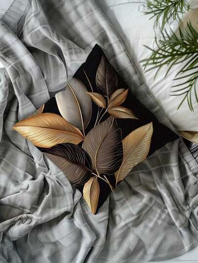 1/2/4pcs Bohemian-Style Chic Black & Golden Leaf Print Throw Pillow Cover, 17.7x17.7in - Modern Home Decor For Living Room, Bedroom, Sofa - Zip Closure, Machine Washable, Polyester, Pillows Decorative