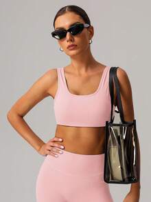 女士宽肩带U型后背健身运动文胸 - 粉色 - 查看 4