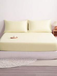 3pcs Solid Color Fitted Sheet Set  With 1pc Fitted Sheet+2pcs Pillow Case Without Filler, Modern Soft Bedding Set For Household Sheet Deep Pocket Up To 15 Inch - 象牙 - 查看 1