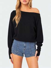 Women's Off Shoulder Sweaters Classic Long Sleeve Solid Color Knit Pullover Jumper Tops Loose Fit Tops - Black - View 1