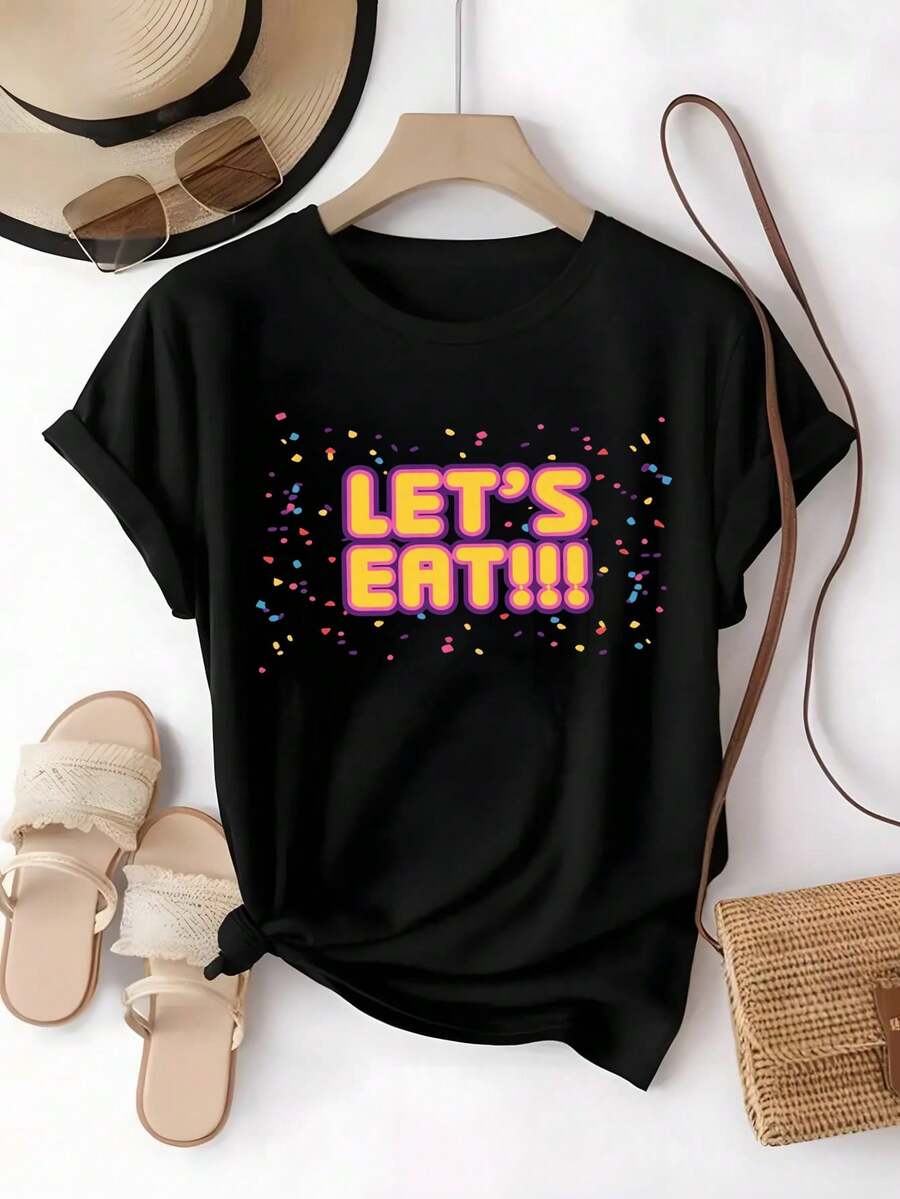 Camiseta Let's Eat,juego,gráfica colorida,estampado gamer,noche de juegos,amigos,fanáticos videojuegos,moda gamer,México,top ,blusas elegantes dama,tops,parejas,blusas curvy mujer. - Negro - Ver 1