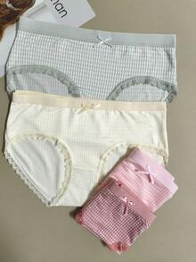 4pcs/Set Women Lace Bow Mesh Low Waist Briefs - Multicolor - View 4