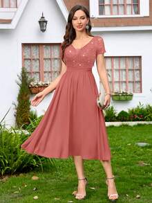 MIUSOL Sequin Floral Lace V-Neck Ruffle Hem Chiffon Cocktail Party Swing Dress - Dusty Pink - View 4