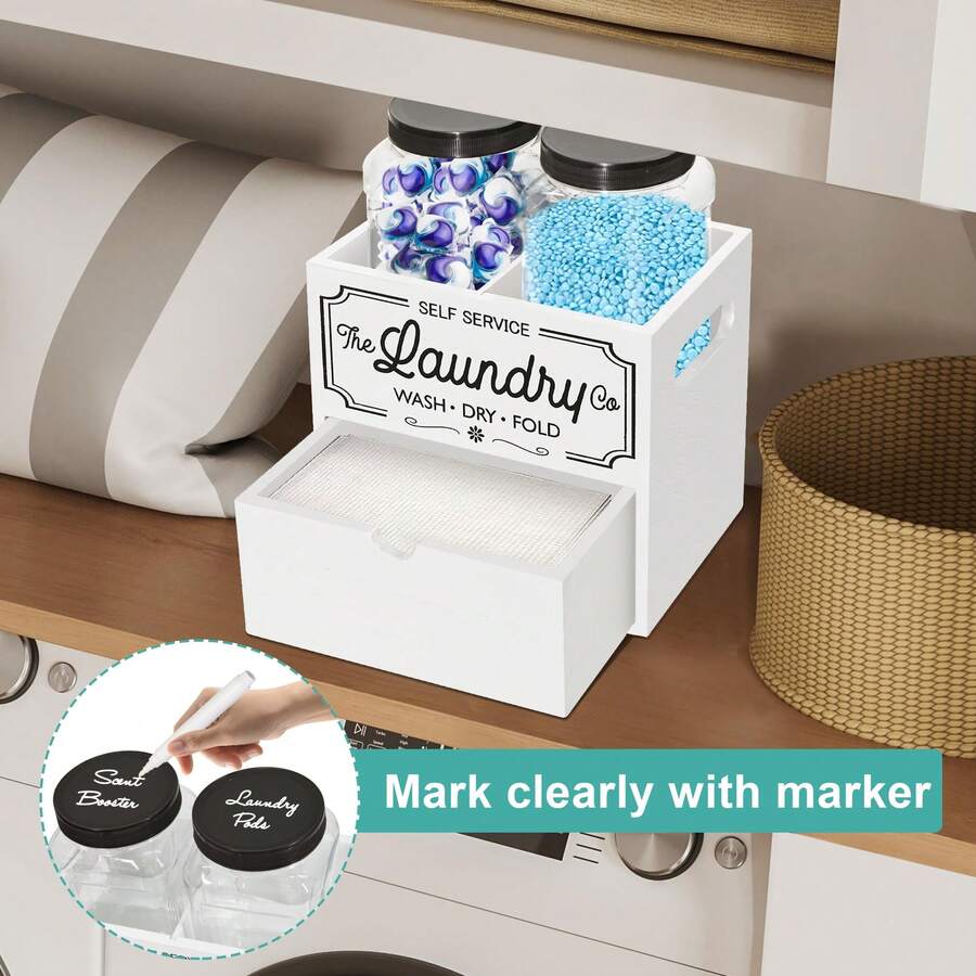 Dryer Sheet Container For Laundry Room Organization, Laundry Pods Container Include 2 Plastic Jars With Lids For Laundry Room Storage, Drying Ball And Laundry Detergent Dispenser, Laundry Room Decor - White 1pc - View 1