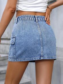 Chân váy denim túi hông Viva La Moda: Phong cách thường ngày, đa năng, thời trang, dễ thương, thanh lịch, gợi cảm. Thích hợp cho tiệc tùng/lễ hội/hàng ngày/sinh nhật/đi học/độc thân/du lịch/sân bay. Mùa xuân/hè. - Màu xanh lam - Xem 5