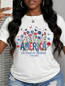America 250 Years Of Freedom 1776 2026 Patriotic Floral T Shirt Women Independence Day Celebration Apparel White Top - trắng - Xem 2