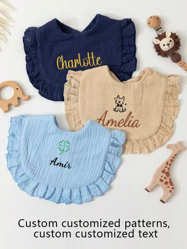1pc Custom U-Shaped Floral Bib, Customized Pattern & Text, Breathable Absorbent Baby Bib, Personalized Infant Accessory