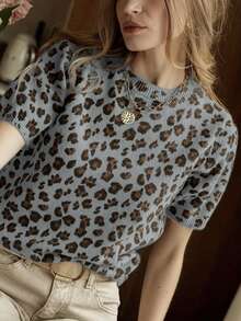 Vintage Leopard Print Short Sleeve Knit Top, Women's New Arrival Round Neck Fitted Versatile Commuter Blouse Vacation Summer - Grey - View 3