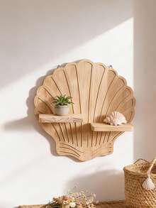 1pc Neutral Color Shell Shaped Decorative Wall Mounted Storage Rack, Minimalist Elegant Space-Saving Wall Hanging Organizer, Coastal Boho Style Home Decor Rack, Shell Inspired Fan-Shaped Double-Tier Platform, Functional Wall Mounted Shelf For Displaying Small Decor Items & Plants, Suitable For Living Room, Bedroom, Bathroom, Entryway, Apartment - Wood Color - View 7