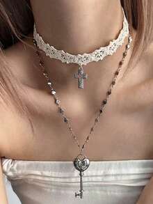 2件套 Y2K 白色蕾丝交叉带钥匙项链，女士甜美酷炫爱心双层项链，时尚派对饰品礼物 - 項鍊 - 查看 11