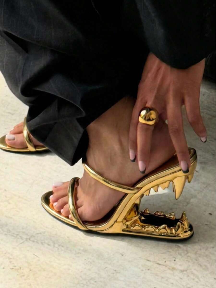 Sandals For Women Shark Teeth Heeled Sandals Backless Round Toe Heels Dressy Ladies Party Wedding Fashion Office Clubbing Work Courts Shoes - 金色 - 查看 1