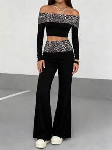 LOVE JOYY 女士豹纹时尚两件套：露肩长袖短款上衣和高腰喇叭裤，完美打造 Y2K 街头风 - 黑色 - 查看 10