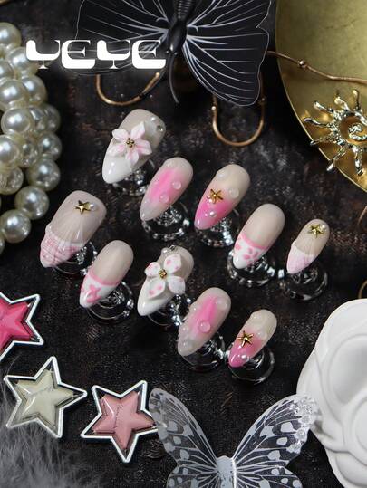10pcs Press On Nails Medium Almond Fake Nails,Nude Base,Natural Looking,French Tip,White Pink,Gradient Design,3d Three-Dimensional Decoration Flower,Waterdrop,Gold Star,Pearl,Japanese Style Full Coverage Press On Nails With Charms Set,Nail Supplies Suitable For Women And Girls, Ideal For Parties, Festivals And Daily Wear. Includes A Tool Kit, Handmade Press-On Nails, Fake Nail Tips And Nail Supplies Handmade Press On Nails