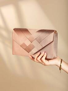 Fashion Satin Trim Evening Clutch Handbag Envelope Crossbody Bag - Brown - View 3