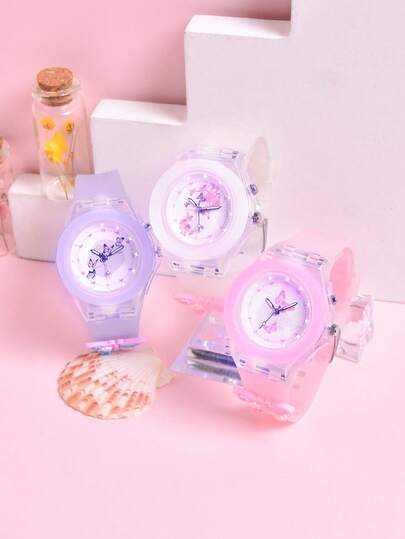 3件套女孩礼物双马达LED闪光手表，卡通蝴蝶图案石英手表，适合小学生