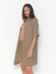 Women's 2-Piece Set: Shorts And Kimono Shirt, Beachwear Style - 卡其色 - 查看 4