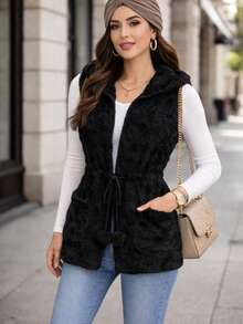 Chaleco Polar Peluche Ligero Delgado Calientito Para Mujer De uso diario casual Con Bolsas y Borlitas - Negro - Ver 2