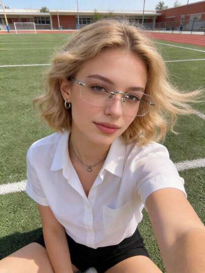 1副铜色几何银色无框眼镜装饰，现代简约风格，透明镜框，适合女性日常办公、约会、度假、返校、周末等场合，时尚配饰