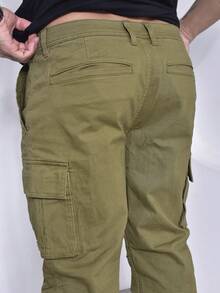 Calças Cargo Masculino Sarja Casuais com Multi-Bolsos Com Lycra - Verde Oliva - Visão 5