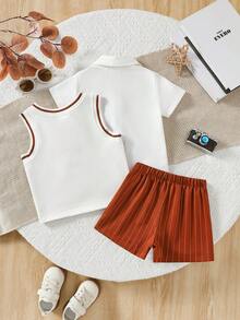 3pcs/Set Baby Boy 1st Birthday Outfit, College Style Shirt, Vest And Shorts Set, Summer Baby Birthday Photography Clothes, Casual Outdoor Wear - Multicolor - View 4