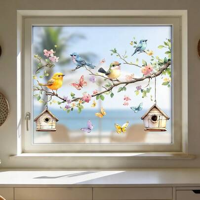 1/2pcsFresh Spring Floral And Bird Window Stickers, Reusable PVC Electrostatic Adsorption, Suitable For Bedrooms, Balconies, Kitchens, Glass Doors And Windows Decoration, And Spring Party Gifts.