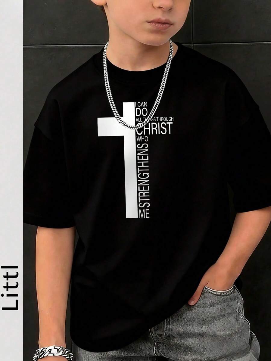 青少年男孩休閒及標語印花圓領短袖T恤，夏季 - 黑色 - 查看 1