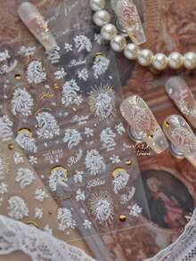 1片装 5D立体美甲贴纸 精致花朵和可爱小马图案 热压印 DIY自粘美甲贴纸 - 白色 - 查看 3