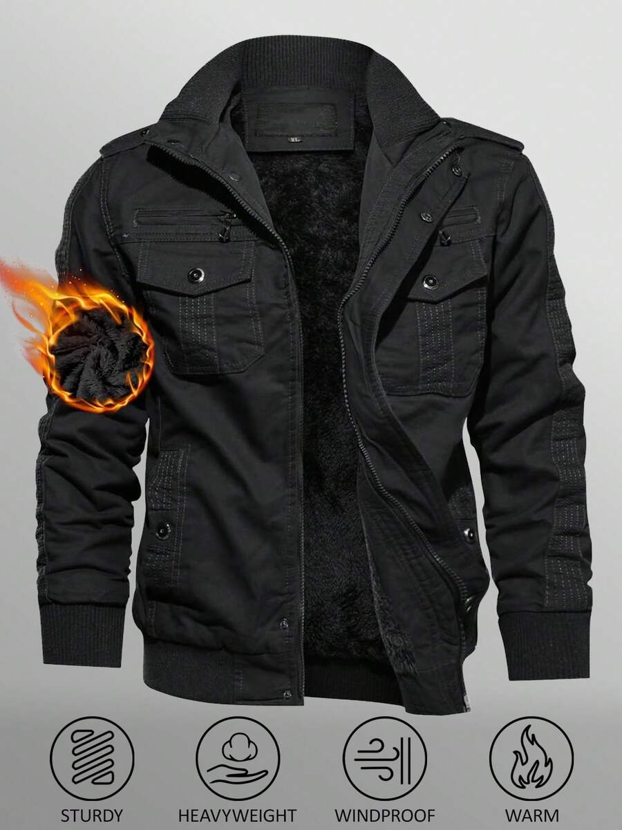 KEFITEVD Men's Casual Workwear Jacket Padded Lined Warm Thickened Jacket Hooded Multi-Pocket Outdoor Activity Jacket - 黑色 - 查看 1