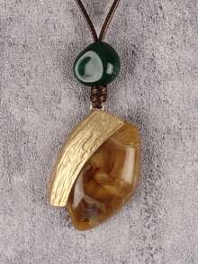 1pc Fashionable Asymmetrical Oval Alloy Resin Inlaid Pendant Necklace, Unique Beaded Choker Necklace, Party Jewelry Gift For Lover On Valentine's Day - Brown Wax Rope - View 3