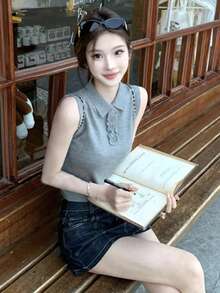 Korean Style Girl Group Polo Collar Sleeveless Knit Top, Designed Slim-Fit Camisole - Grey - View 5