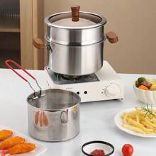 Juego de freidora multiusos de gran capacidad de acero inoxidable 304, con cesta y mango, apto para tempura, pinchos, patatas fritas, pollo frito, hervir leche, fideos, compatible con placa de inducción, herramienta esencial de cocina - Plateado - Ver 2