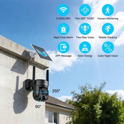 Cámara de vigilancia con panel solar | Visión nocturna a color (1296P) | Intercomunicador bidireccional | Función de foco/alarma | Detección de movimiento | Compatible con conexión Wi-Fi y control mediante aplicación | Interfaz USB | Sincronización inalámbrica/en la nube | Apta para monitoreo en interiores y exteriores.