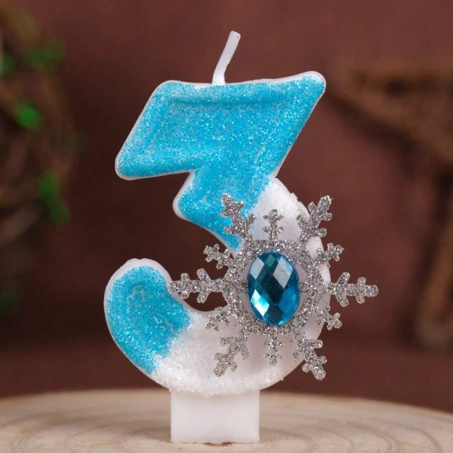 1pc 0-9 Number Birthday Candles, Blue & White Rhinestone Snowflake Creative New Birthday Party Cake Decor Handmade Candles