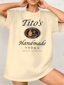 Women's Black Distilled Graphic Print T Shirt Tito's Handmade Vodka Austin Texas 100% Cotton Round Neck Tee Relaxed Fit Casual Style 1pcs They Are Excellent Gifts For Friends And Family - Apricot - View 1