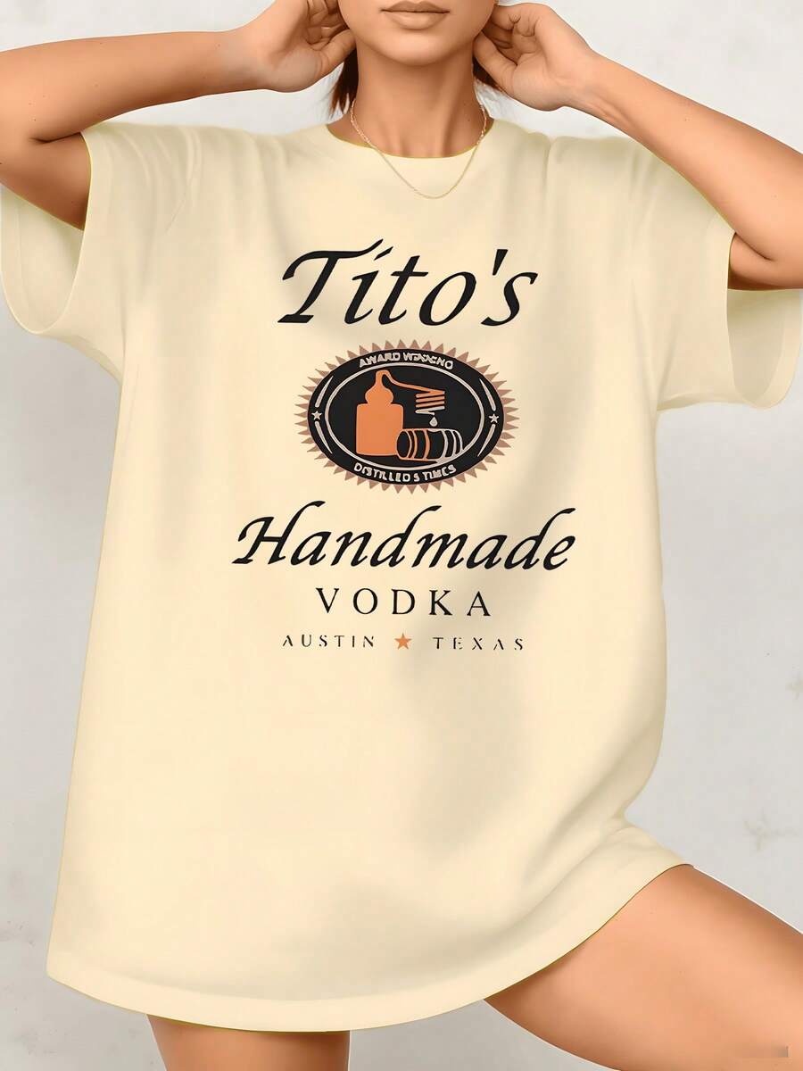 Women's Black Distilled Graphic Print T Shirt Tito's Handmade Vodka Austin Texas 100% Cotton Round Neck Tee Relaxed Fit Casual Style 1pcs They Are Excellent Gifts For Friends And Family - Apricot - View 1