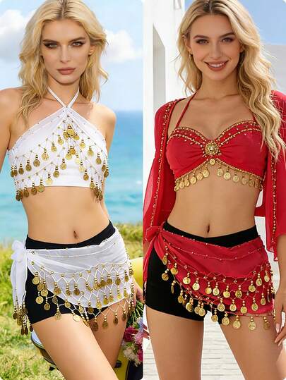 1pc Handmade Multi-Color Portrait Metal Cloth Waist Skirt, Decorative Belly Dance Skirt With Slightly Distressed Effect, Anchor Design, Suitable For Stage Performance. Bohemian, Retro, Party, Nightlife, Beach Outfit, Festival Clothing And Accessories