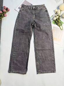 Women's Casual Grey Denim Straight Leg Jeans With Zipper Closure Long Non-Stretch Fabric For Everyday Wear - Grey - View 8