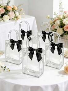 10pcs Reusable Transparent Plastic Gift Bags With Handles, PP Flower Bags With Ribbon Bows, Suitable For Weddings, Brides, Birthday Parties, Business Events, Graduations, Mother's Day Gift Packaging (Black) - Black - View 6