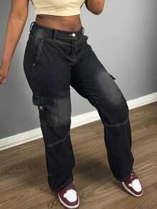 Retro Wide-Leg Work Jeans, Slim Fit,  Brand, Multi-Pocket Design - Black - View 4